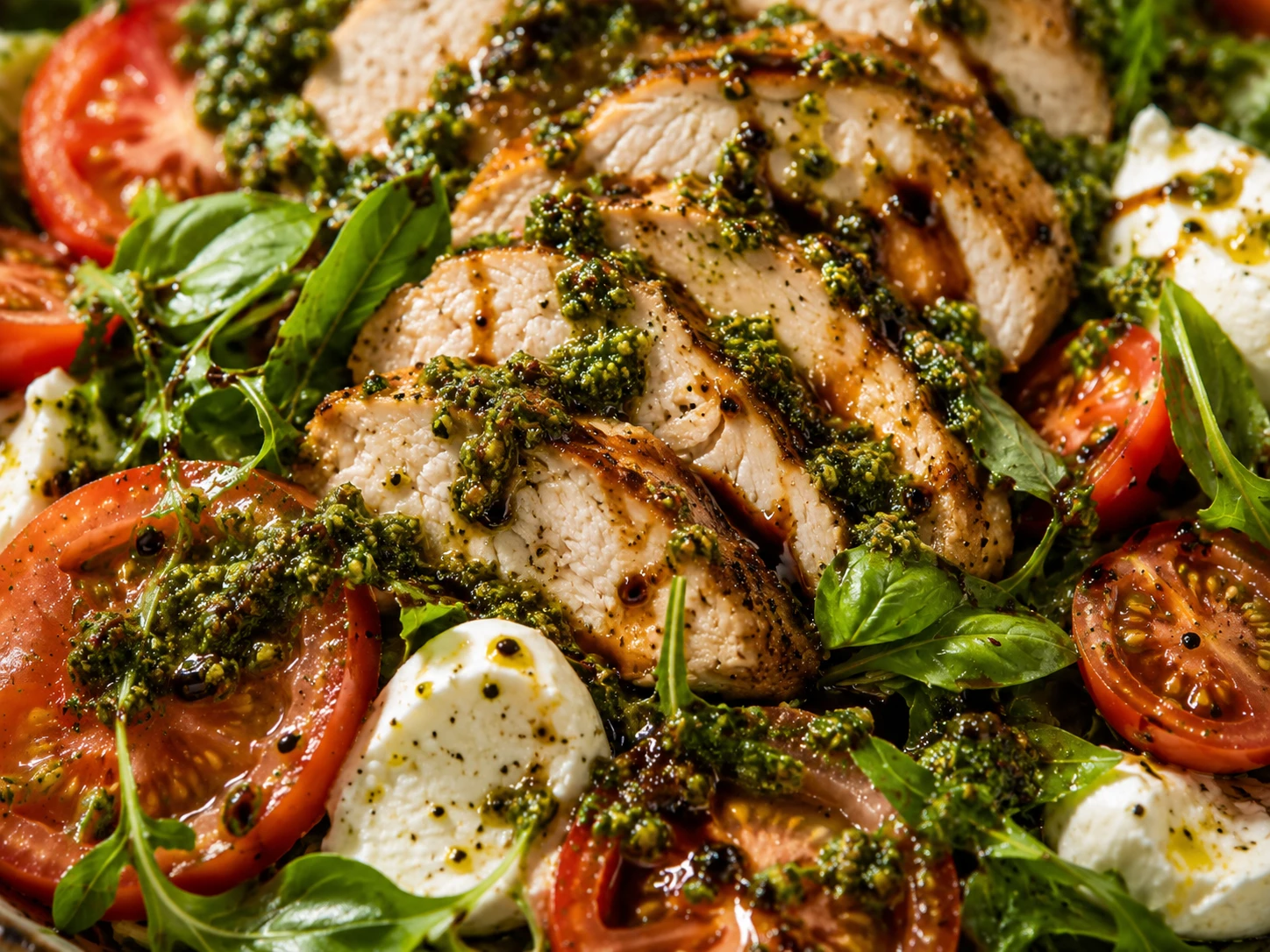 Pesto Chicken Caprese Salad close up