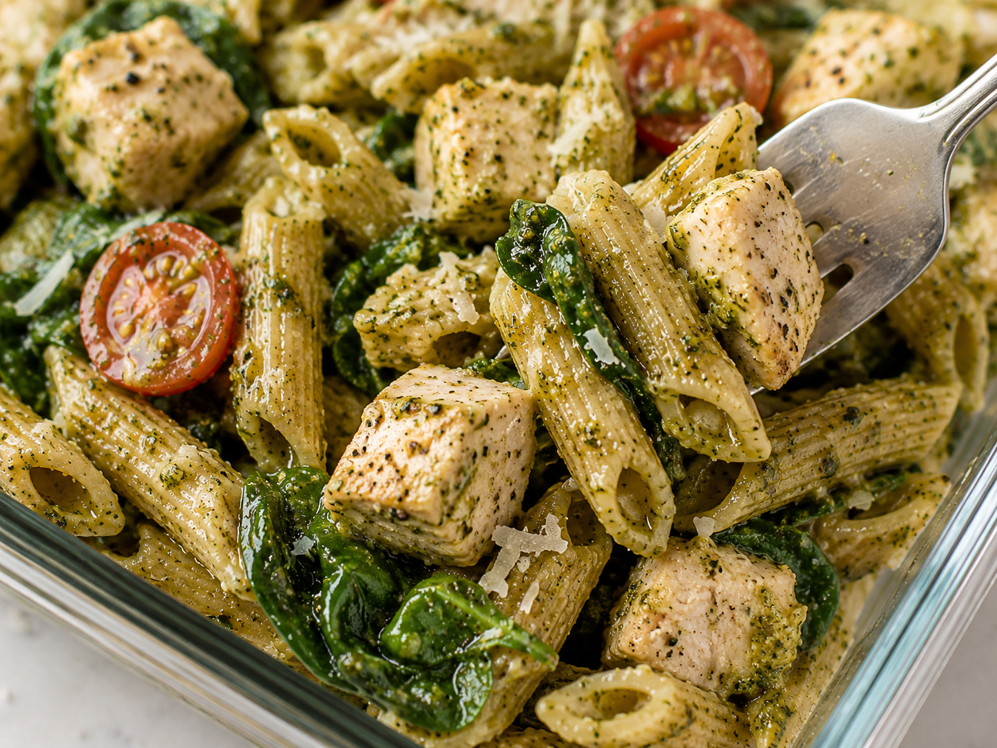 Pesto Chicken Pasta Meal Prep close up