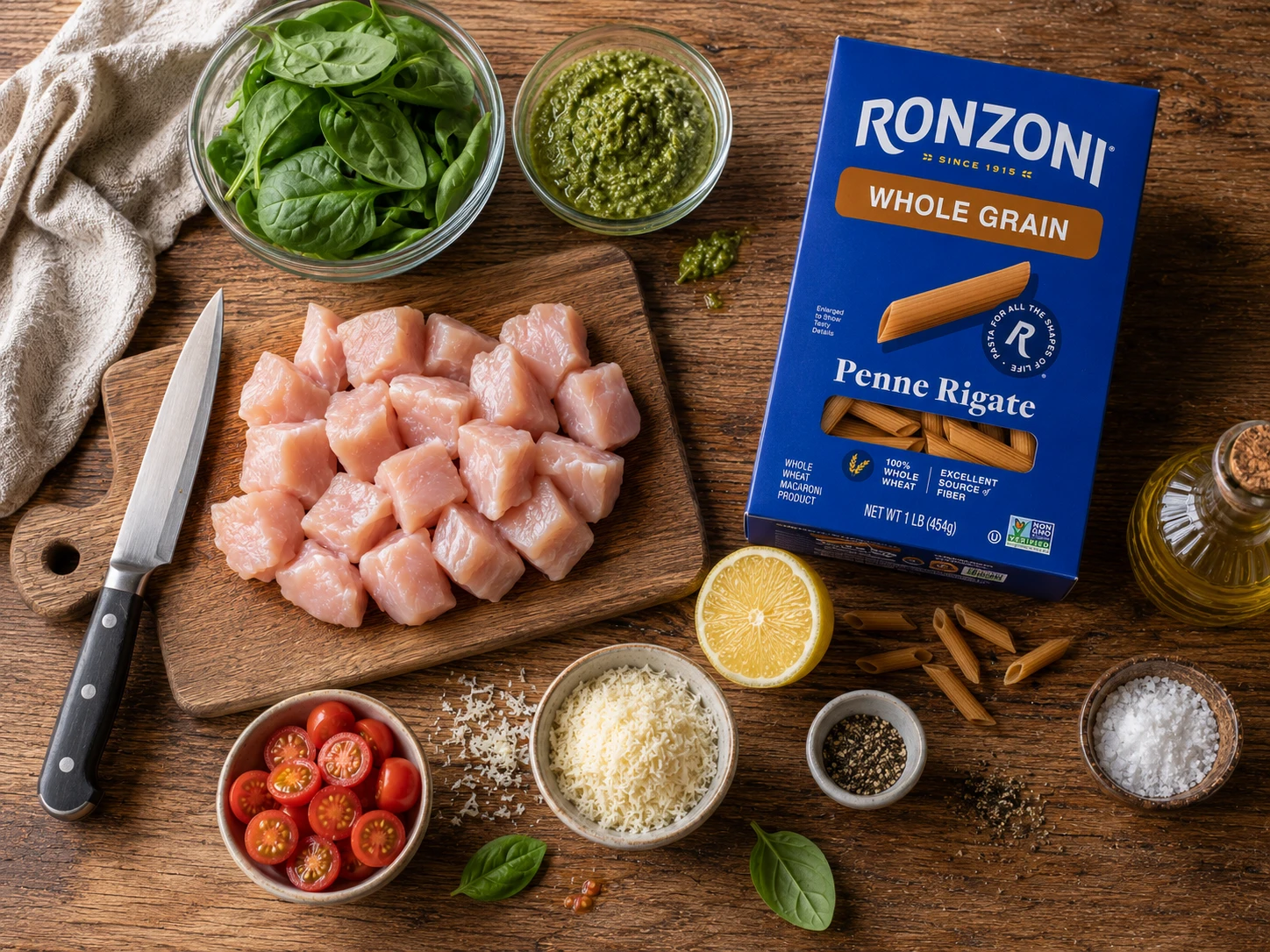 Pesto Chicken Pasta Meal Prep preparation