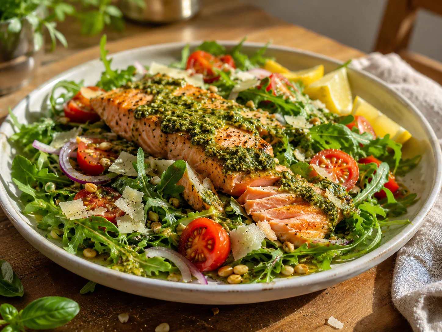 Pesto Salmon Arugula Salad aerial view