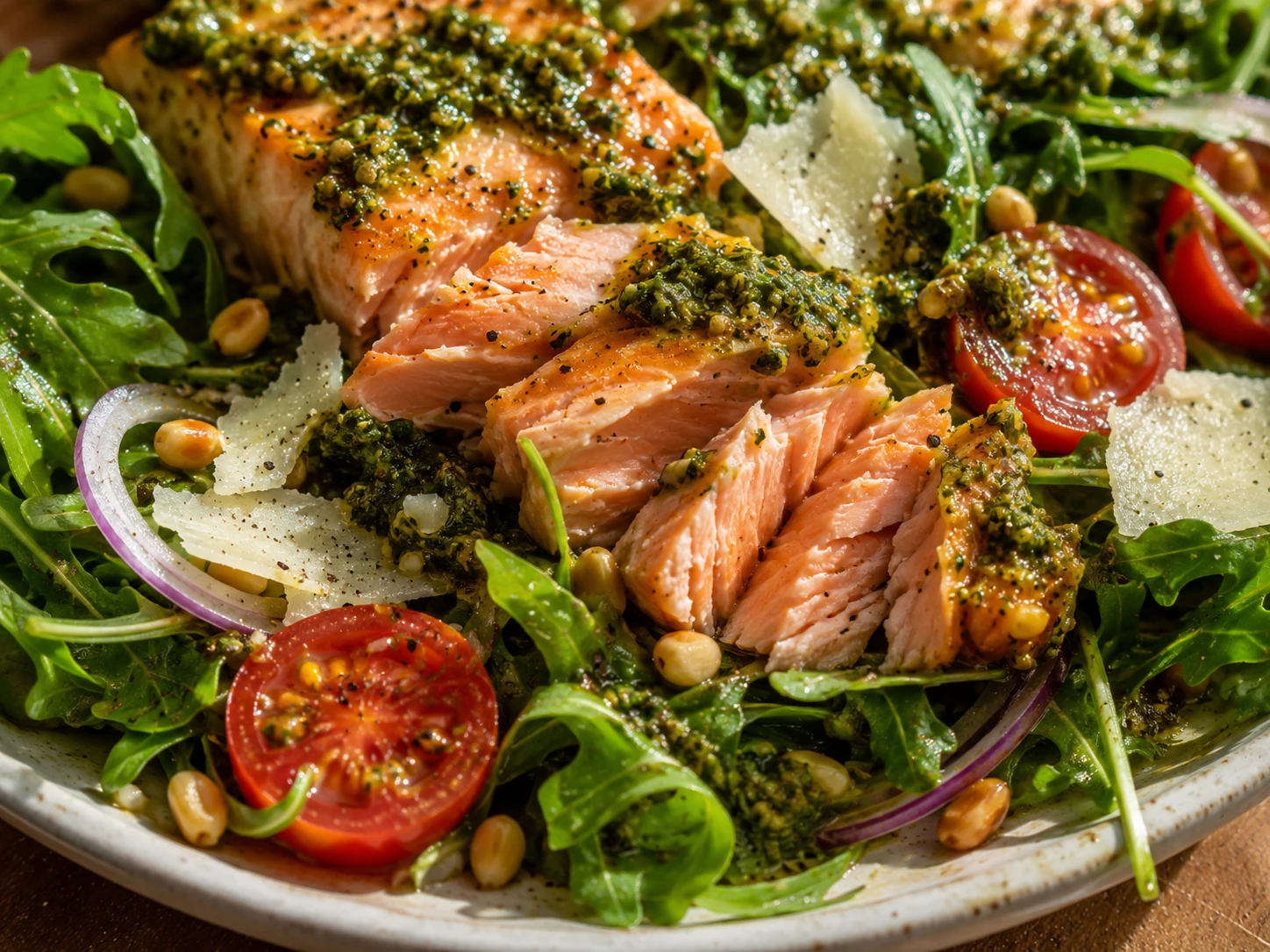Pesto Salmon Arugula Salad close up
