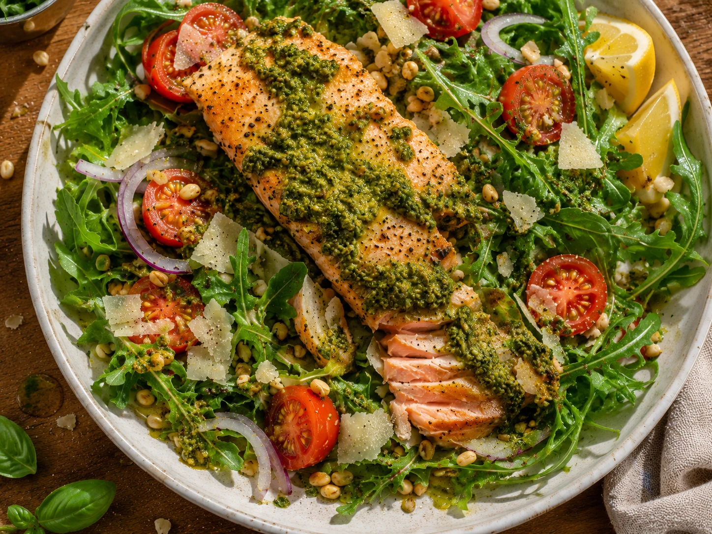 Pesto Salmon Arugula Salad