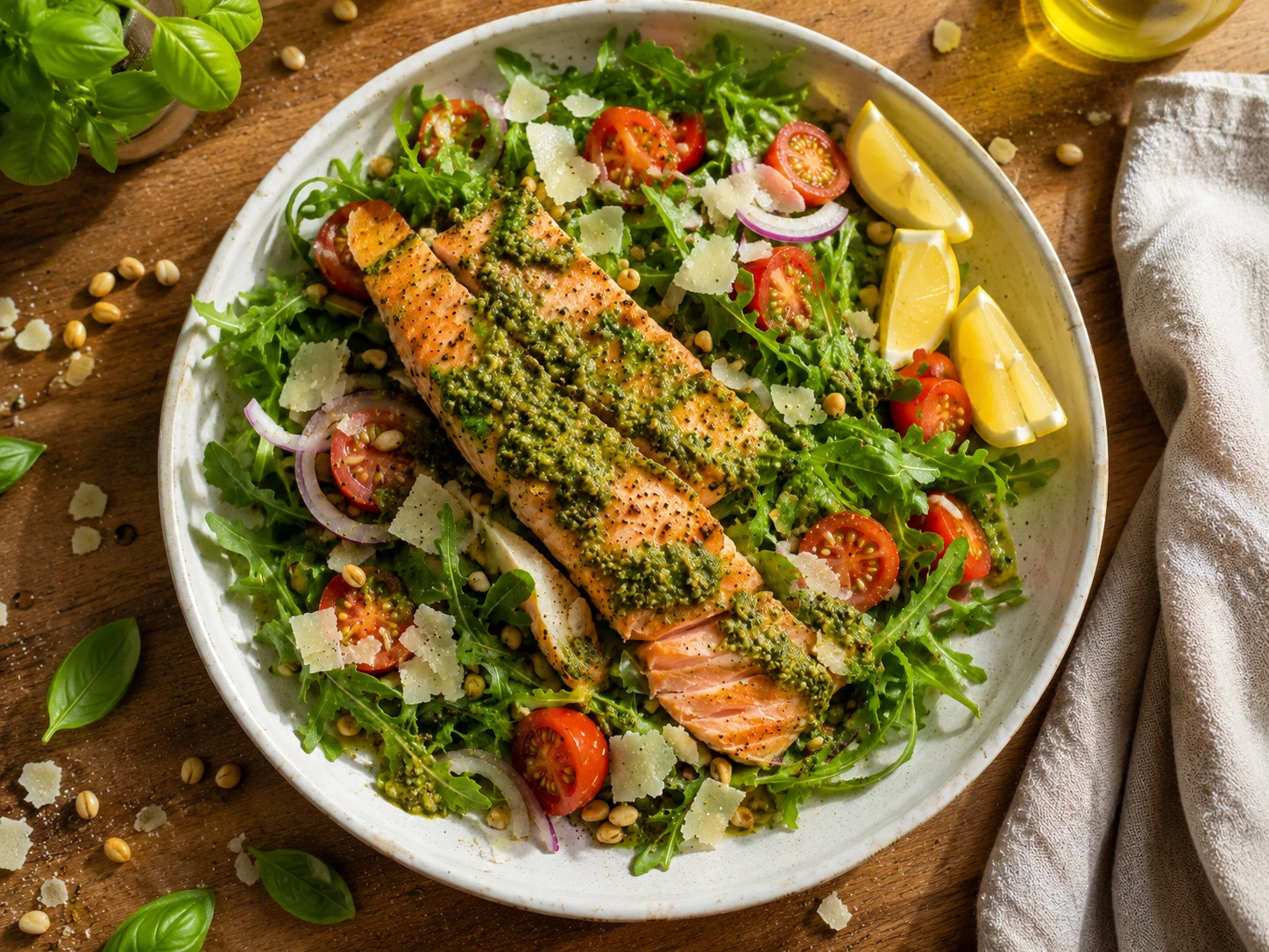 Pesto Salmon Arugula Salad preparation