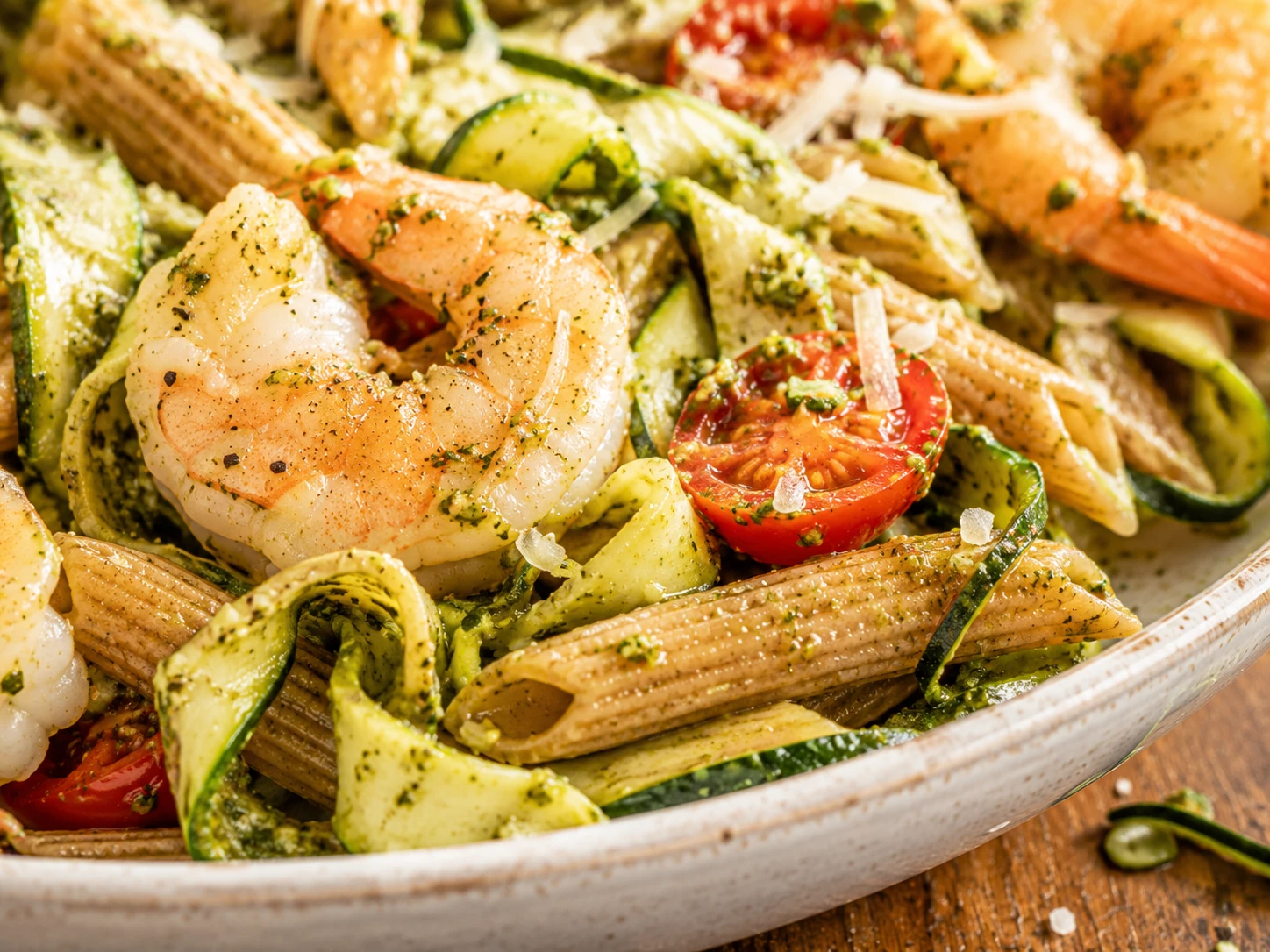Pesto Shrimp Zucchini Pasta Bowl close up