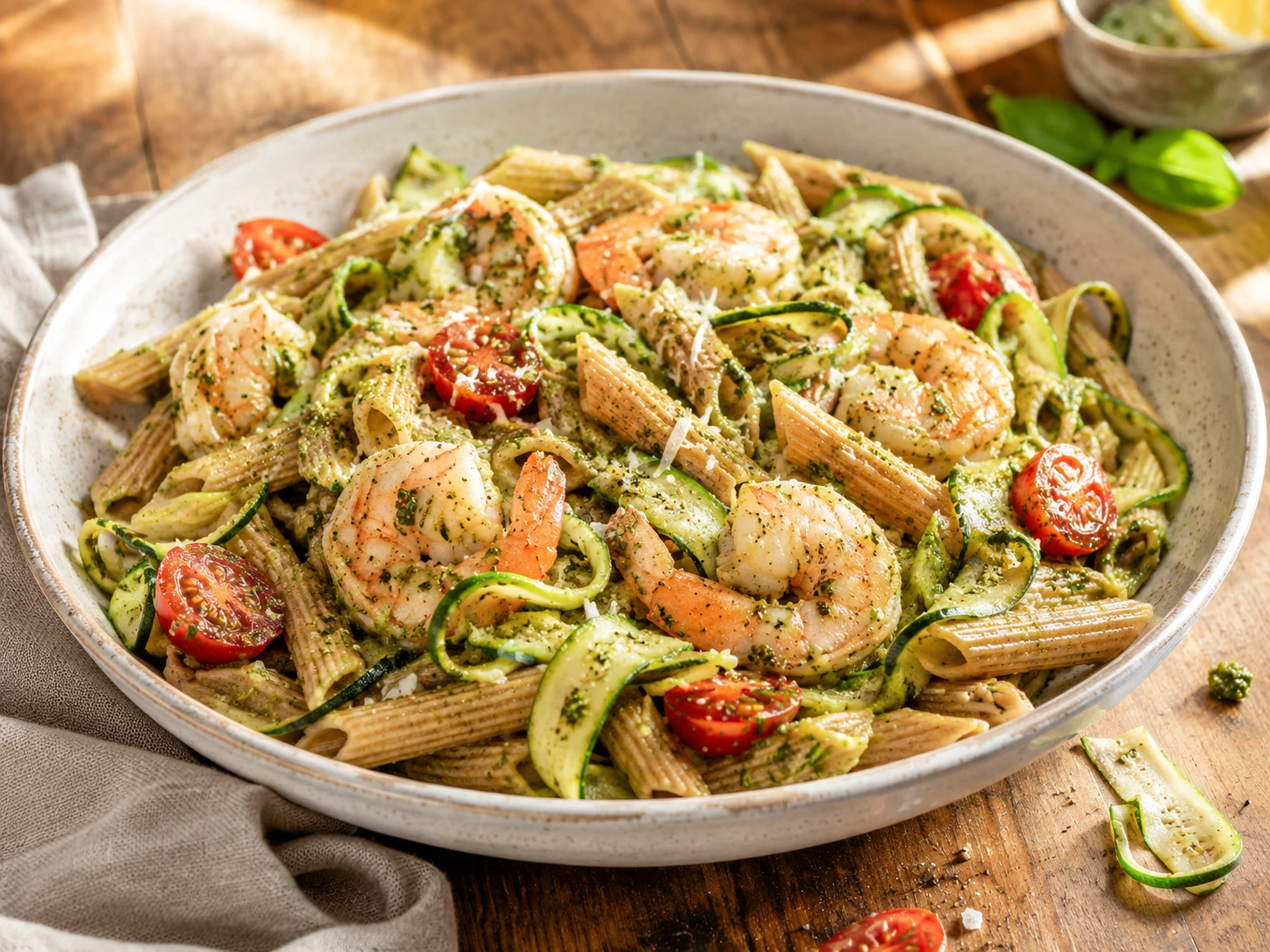 Pesto Shrimp Zucchini Pasta Bowl