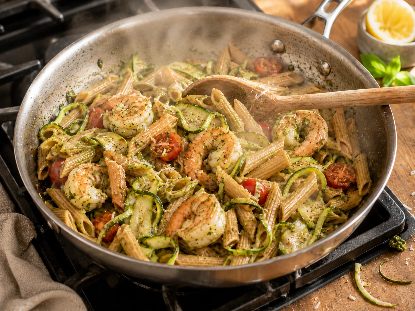 Pesto Shrimp Zucchini Pasta Bowl preparation