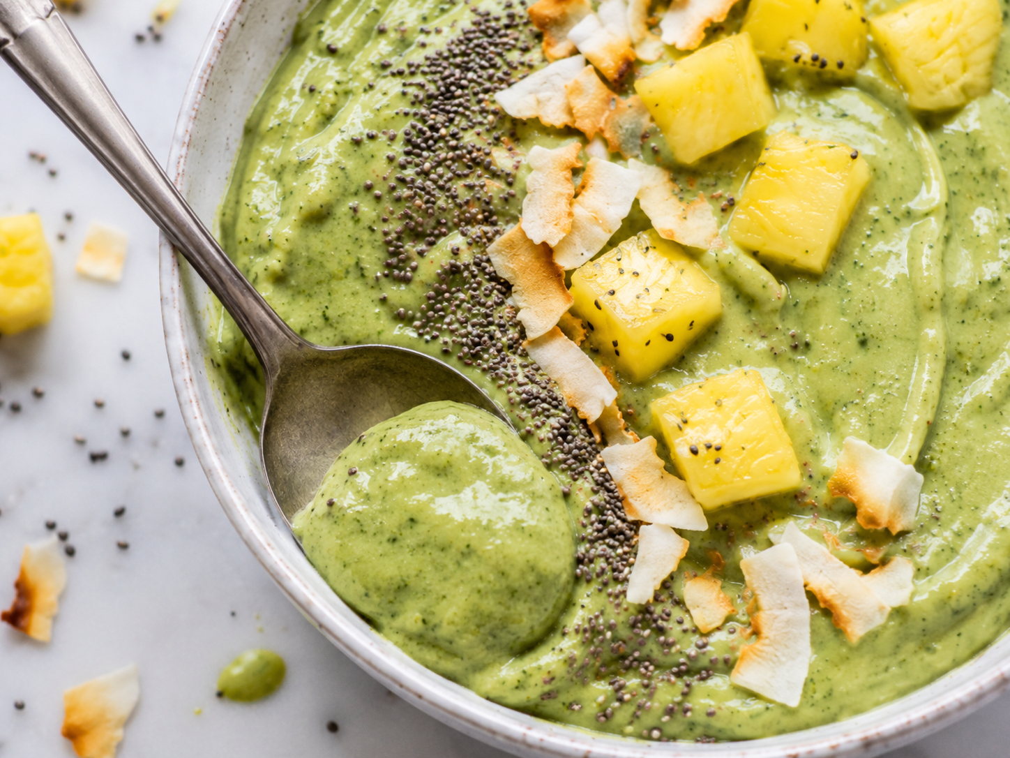 Pineapple Spinach Protein Smoothie Bowl close up