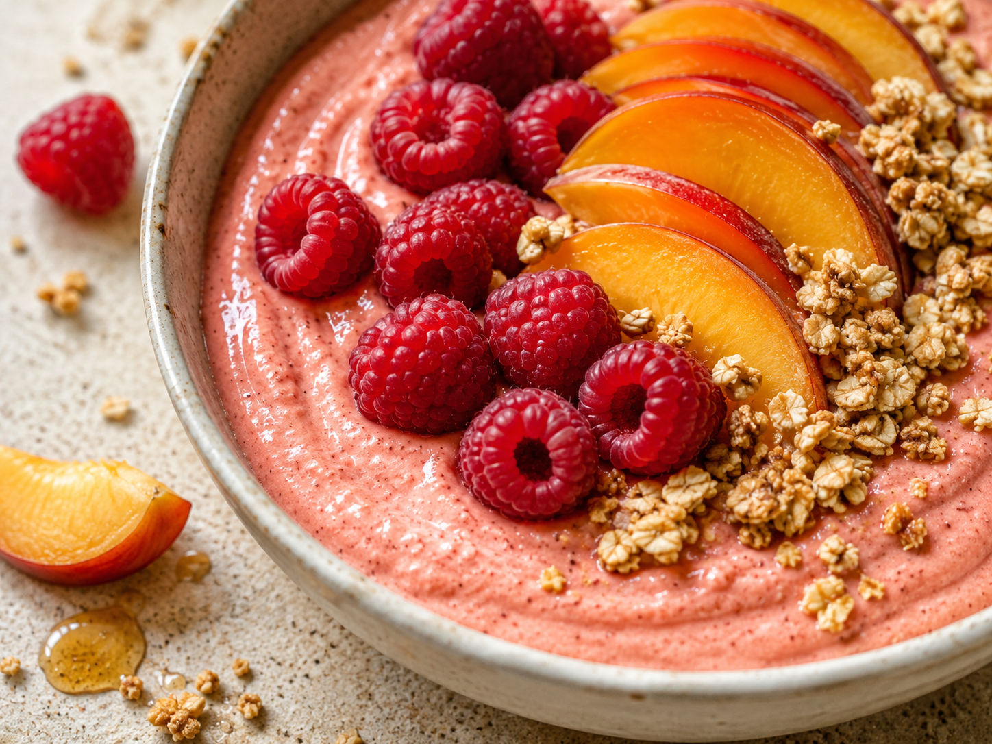 Raspberry Peach Greek Yogurt Bowl close up