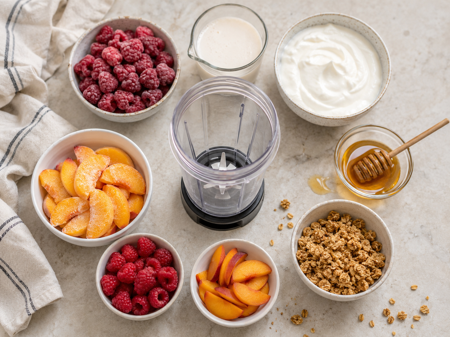 Raspberry Peach Greek Yogurt Bowl preparation
