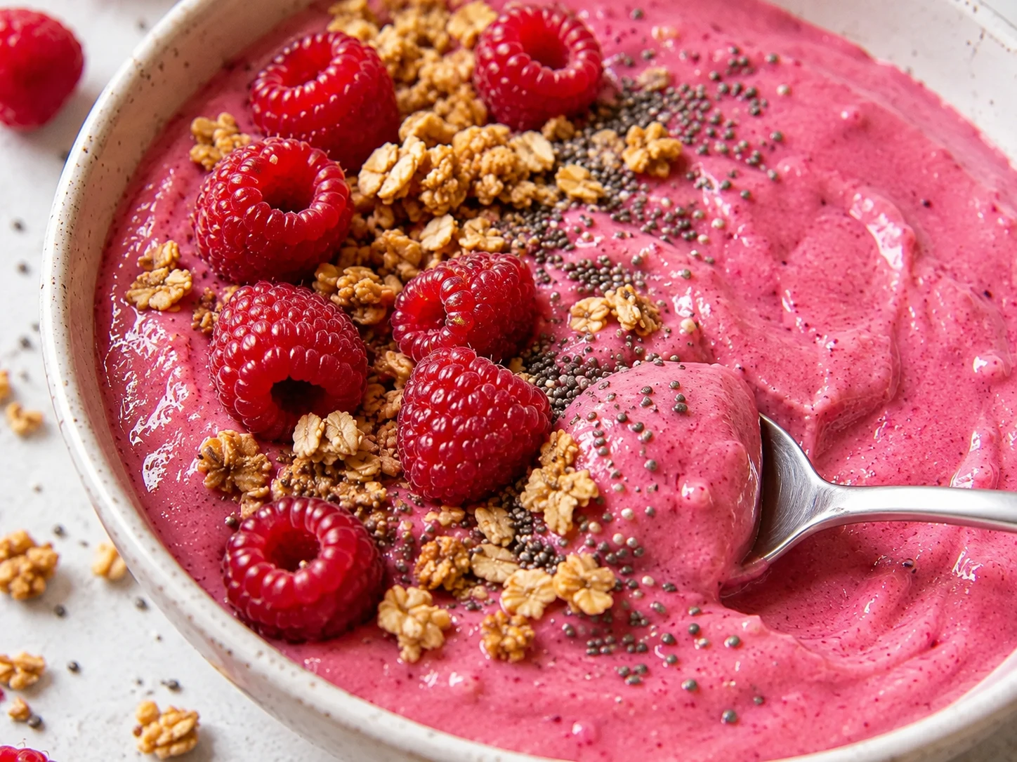 Raspberry Vanilla Protein Smoothie Bowl close up