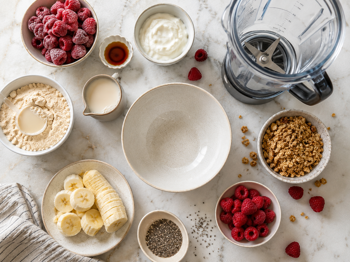 Raspberry Vanilla Protein Smoothie Bowl preparation