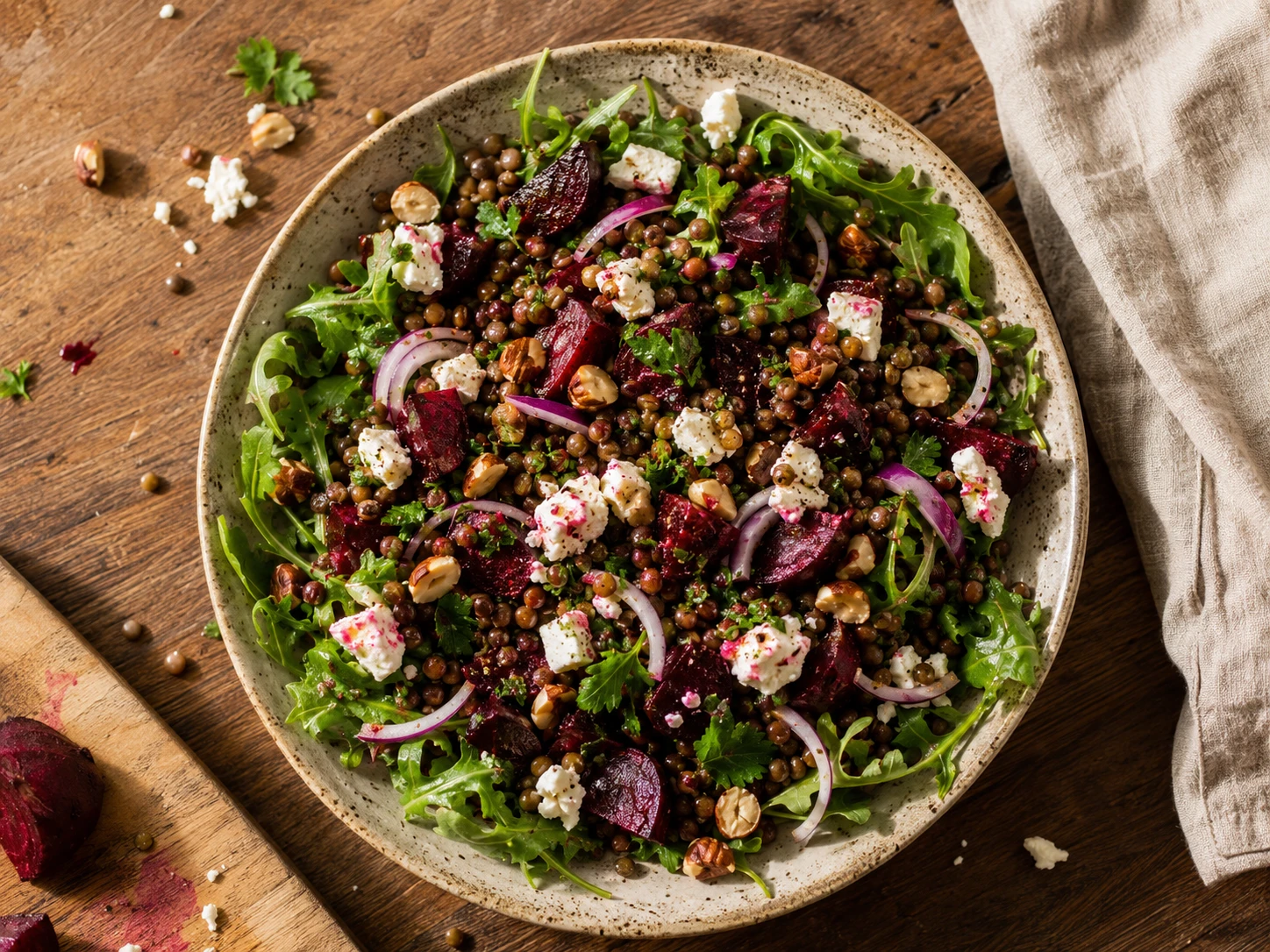 Roasted Beet, Lentil & Feta Salad aerial view