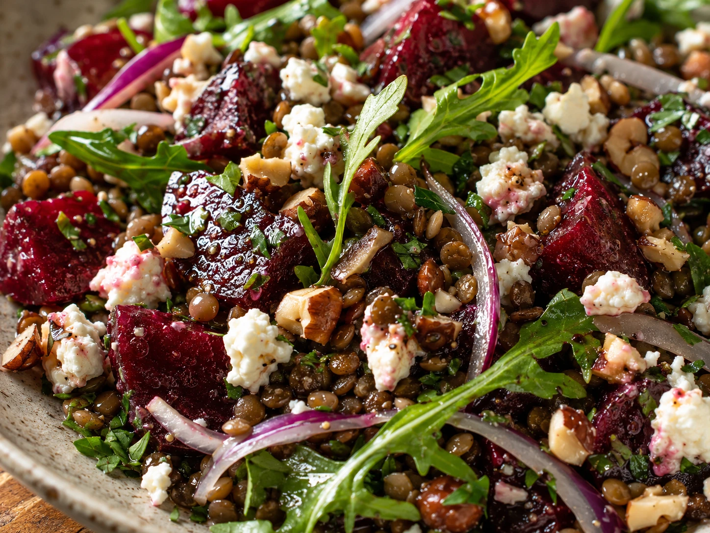Roasted Beet, Lentil & Feta Salad close up