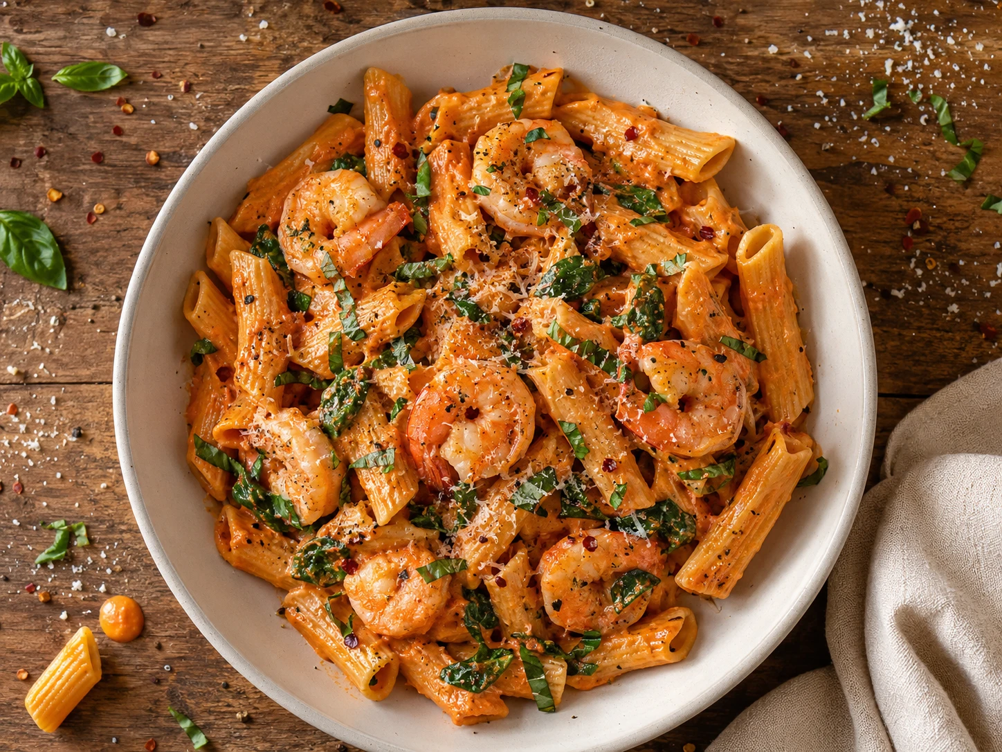 Roasted Red Pepper Shrimp Pasta aerial view
