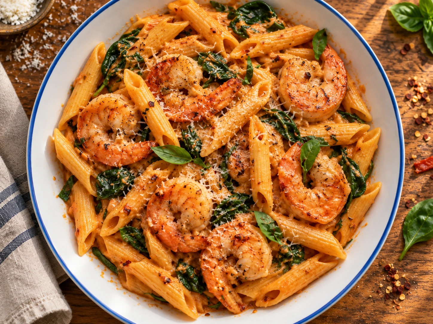 Roasted Red Pepper Shrimp Pasta aerial view