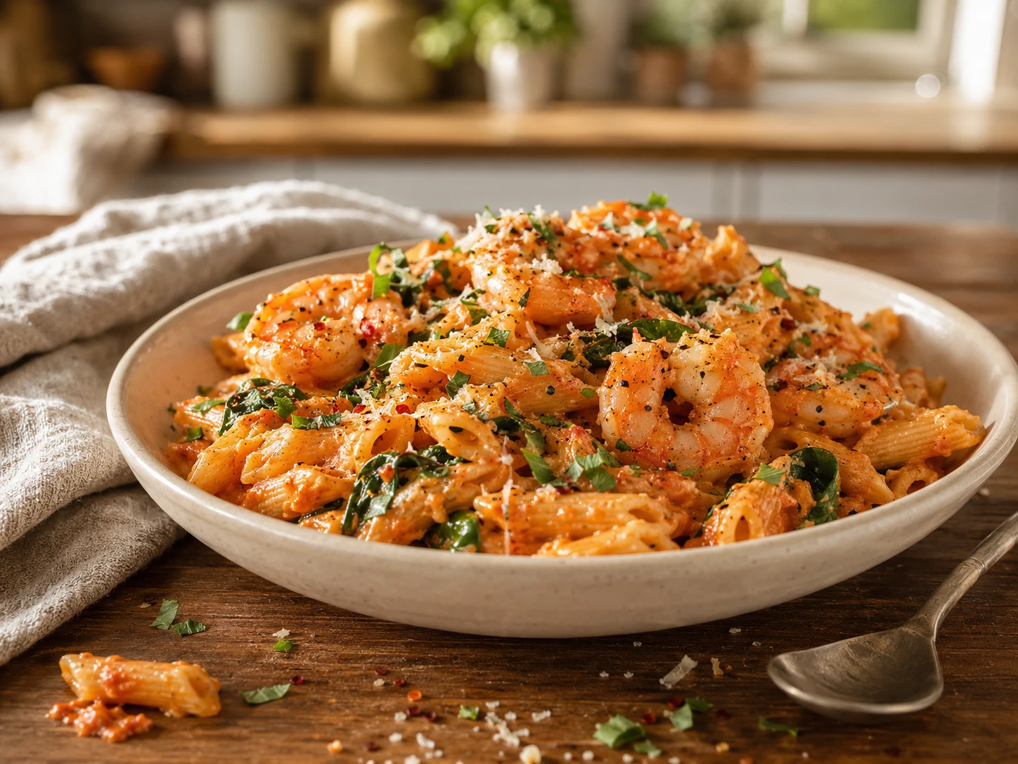 Roasted Red Pepper Shrimp Pasta preparation