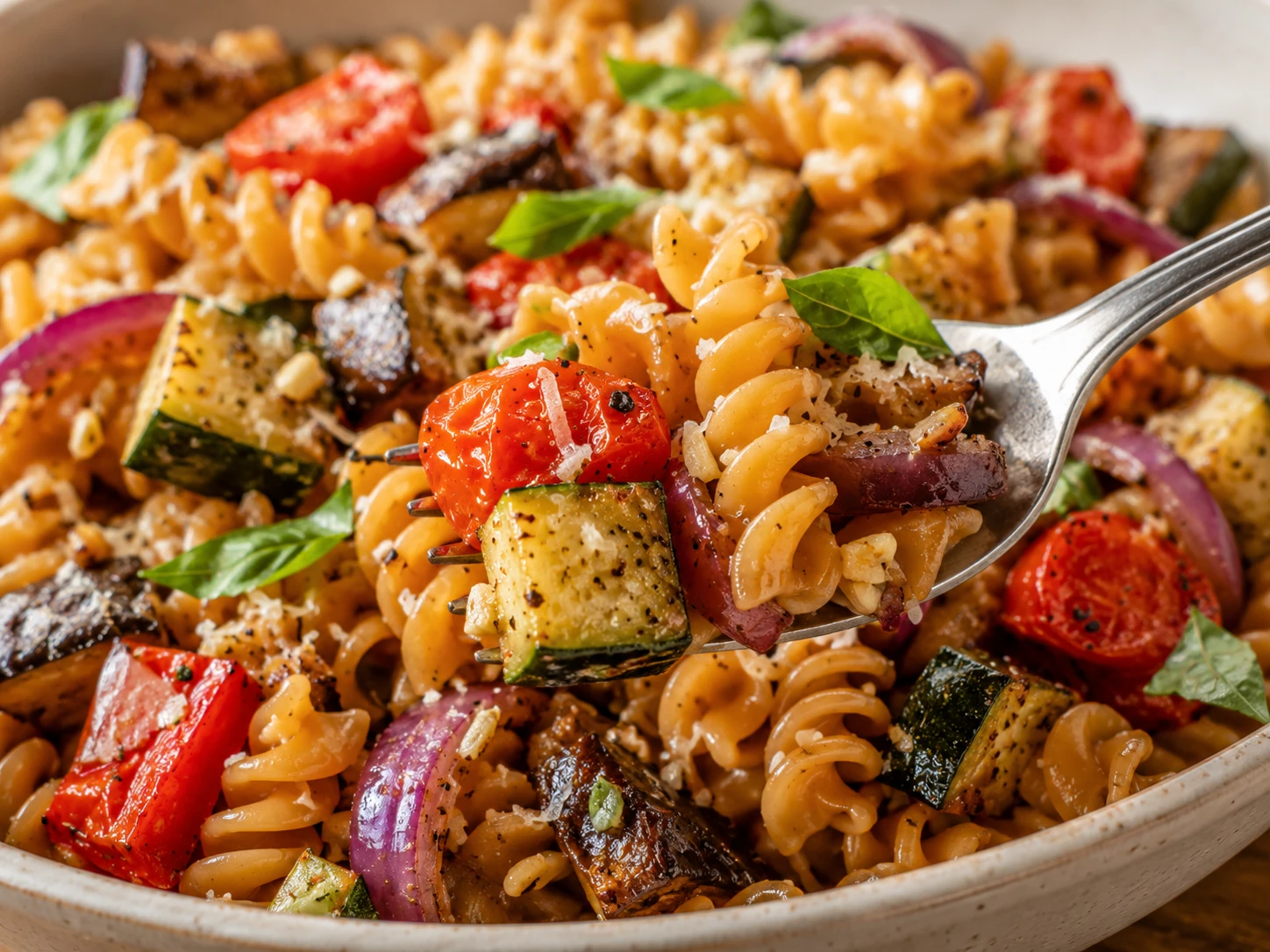 Roasted Vegetable Chickpea Pasta close up