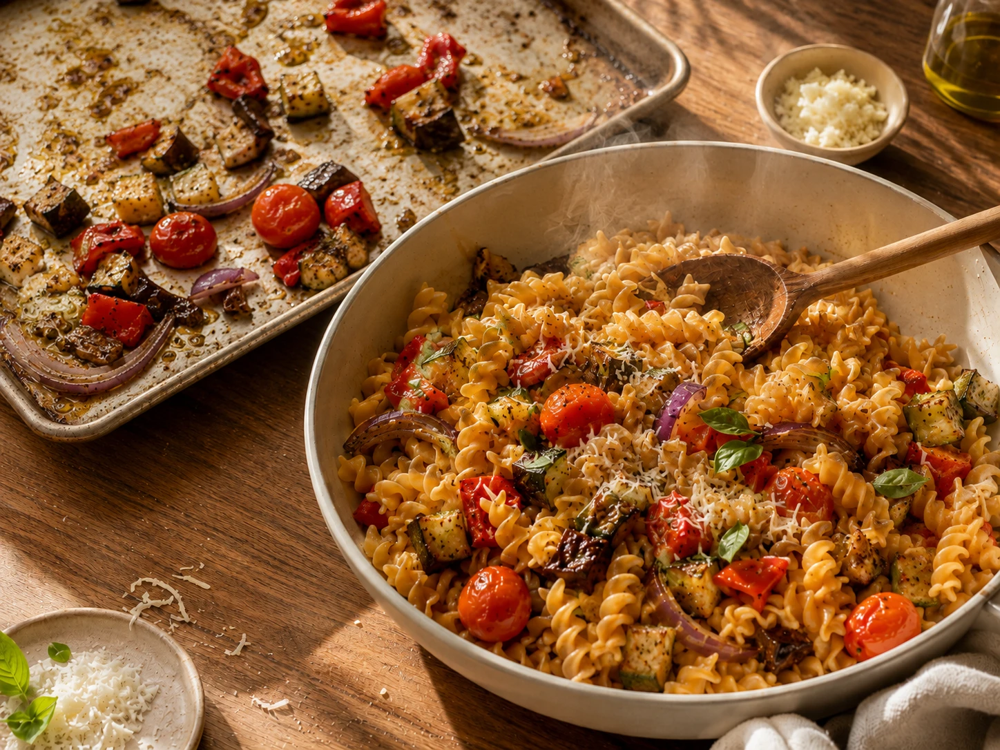 Roasted Vegetable Chickpea Pasta preparation
