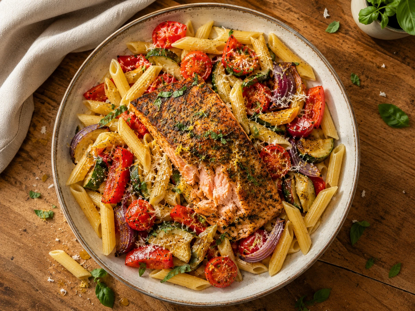 Roasted Vegetable Salmon Pasta aerial view
