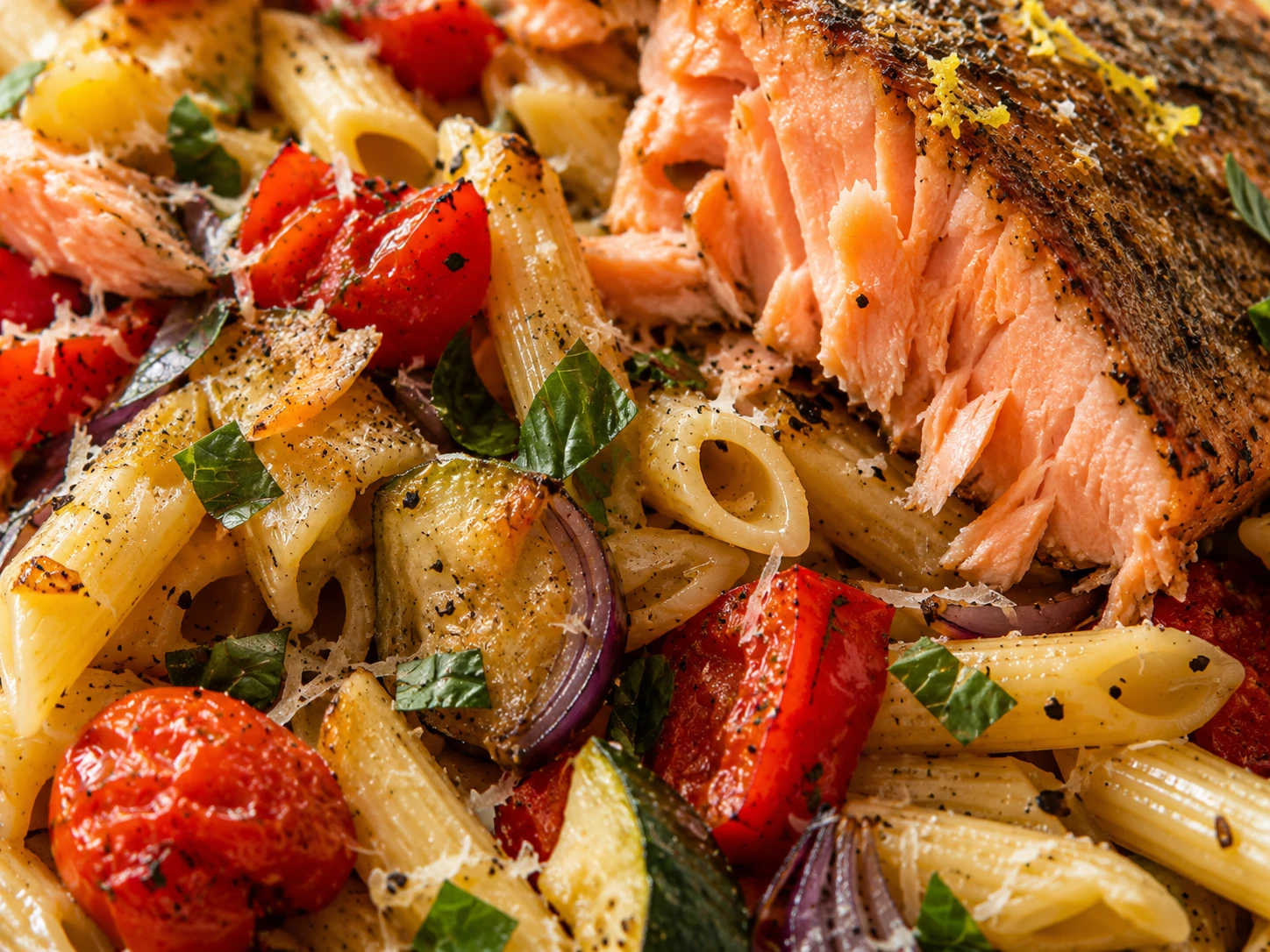 Roasted Vegetable Salmon Pasta close up