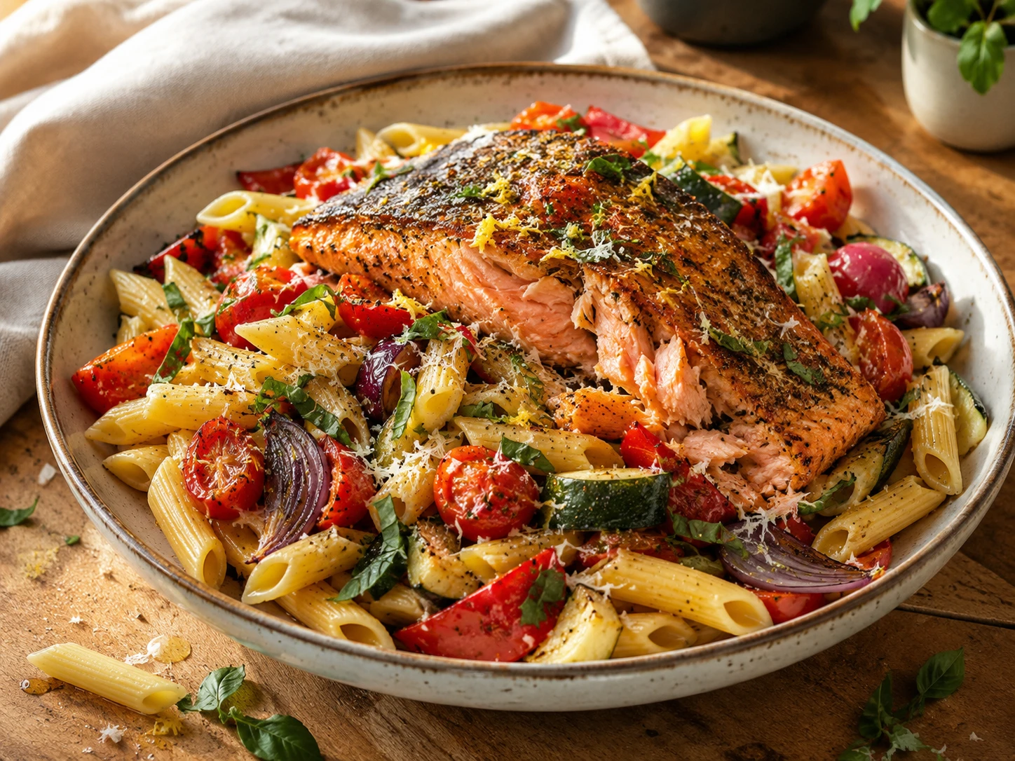 Roasted Vegetable Salmon Pasta