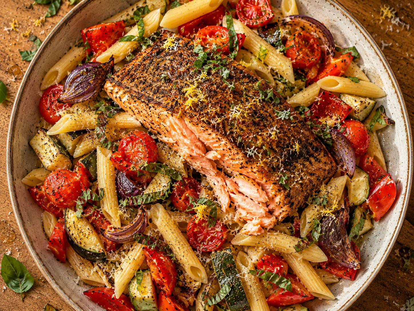 Roasted Vegetable Salmon Pasta preparation