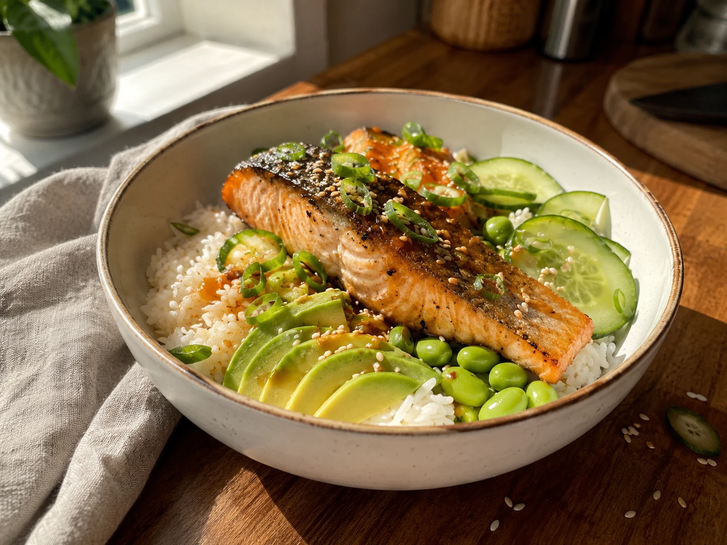 Salmon Avocado Rice Bowl aerial view