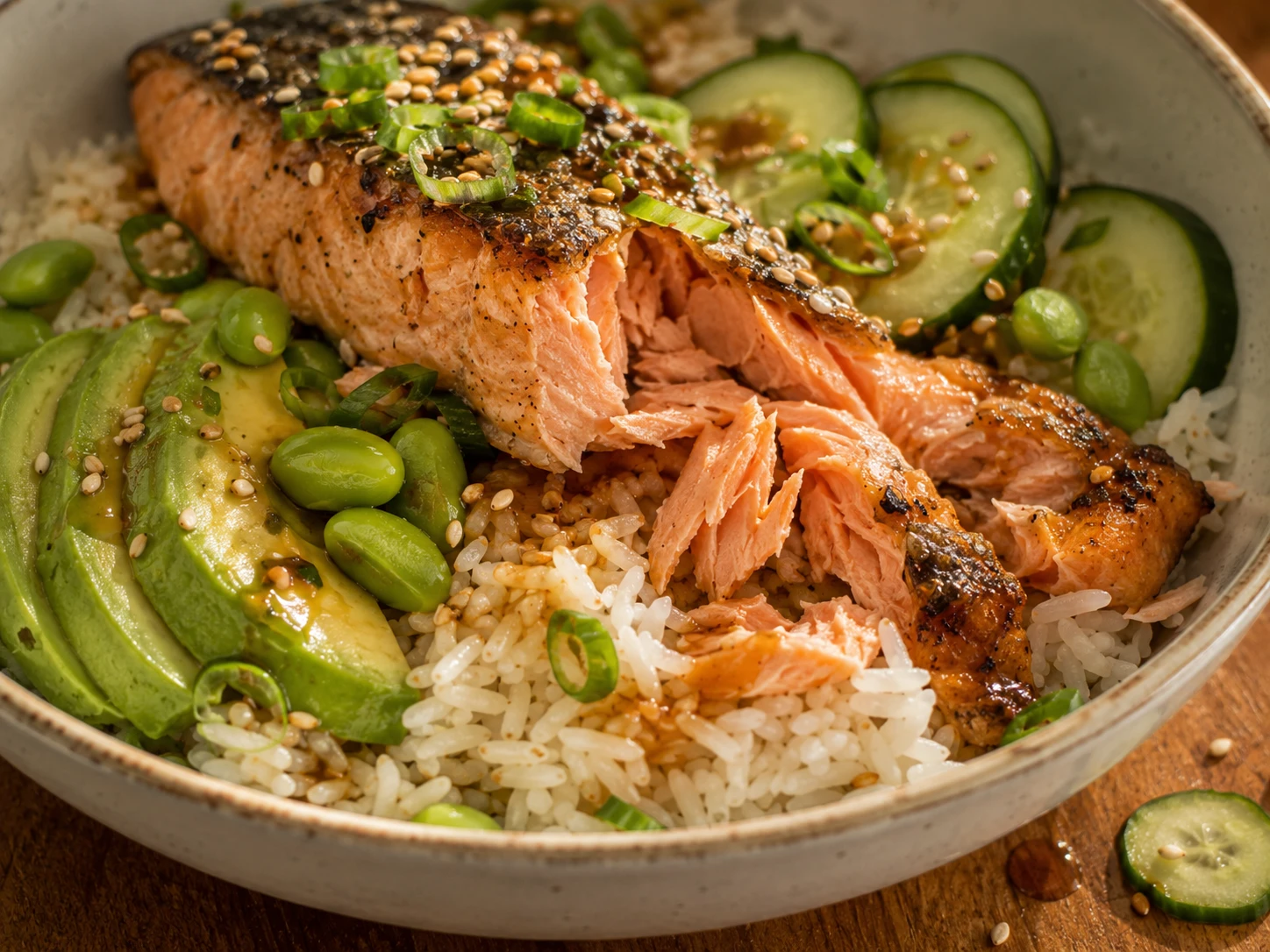 Salmon Avocado Rice Bowl close up