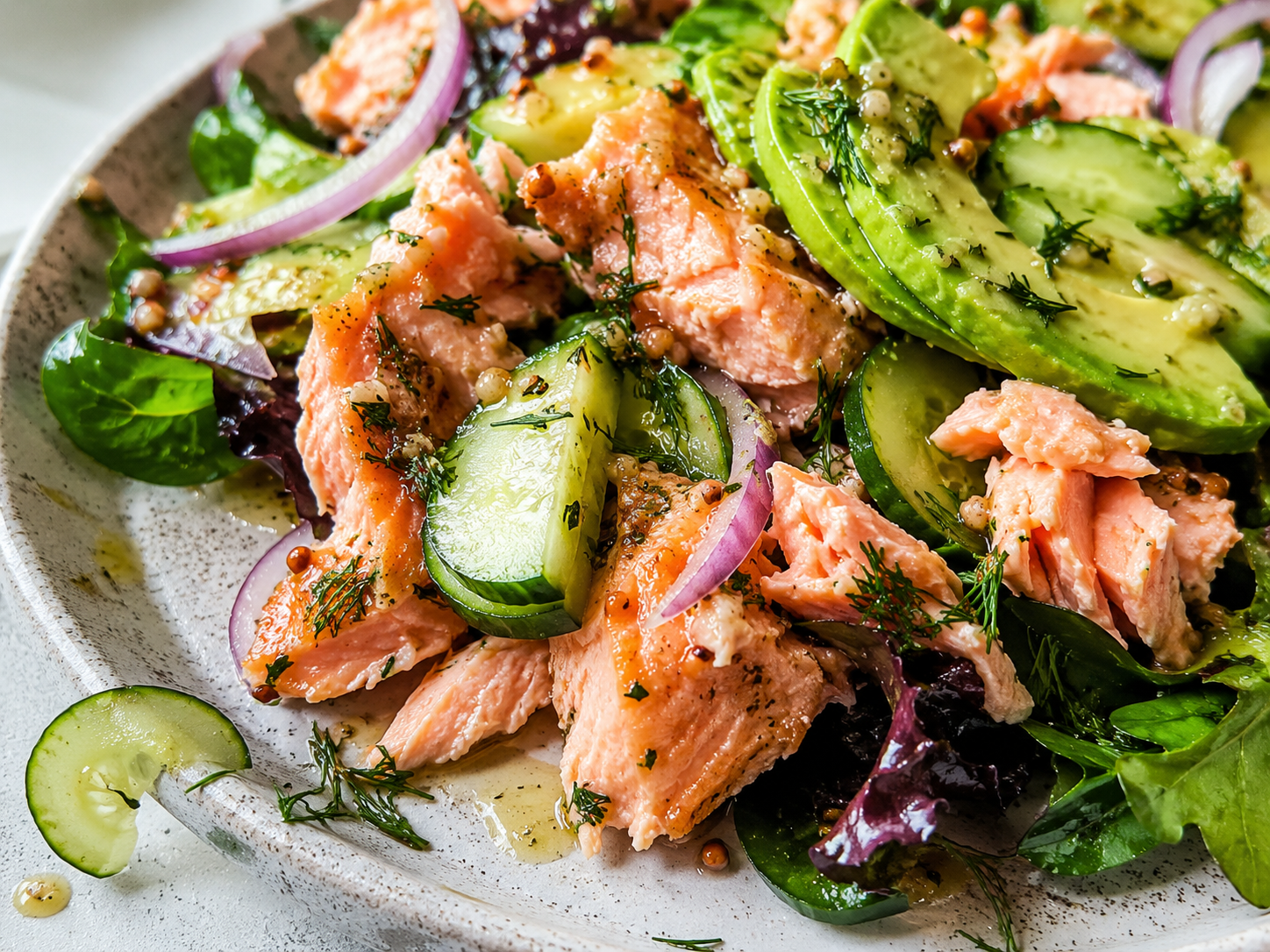 Salmon Cucumber Avocado Salad close up