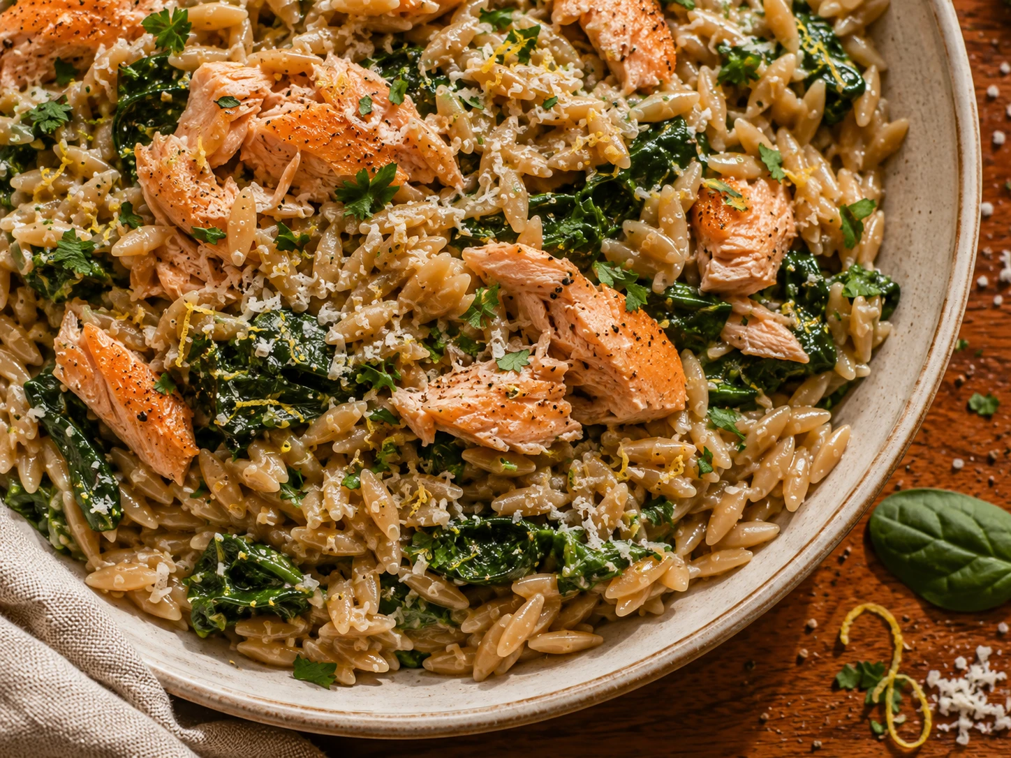 Salmon Spinach Orzo Pasta aerial view