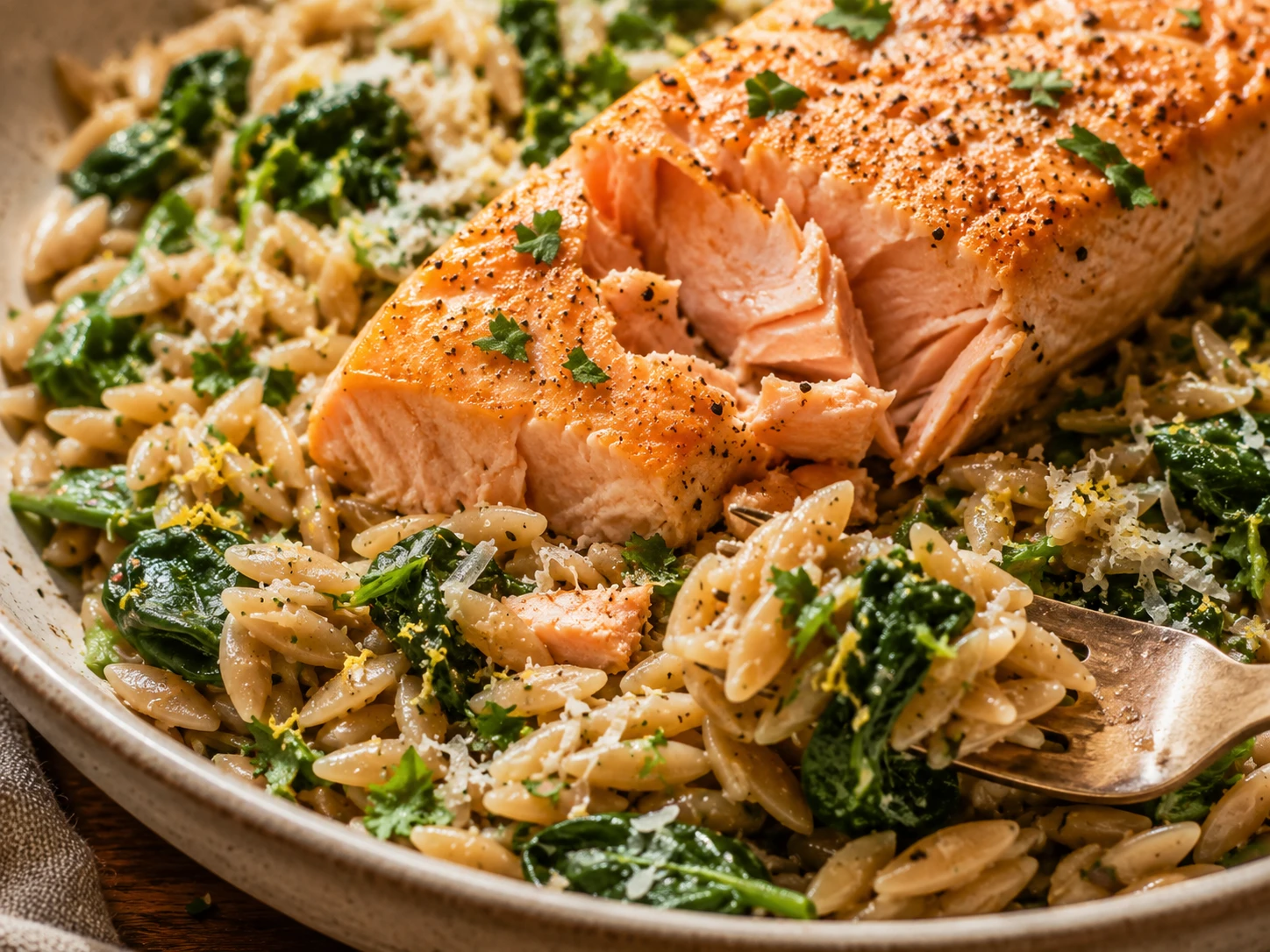 Salmon Spinach Orzo Pasta close up