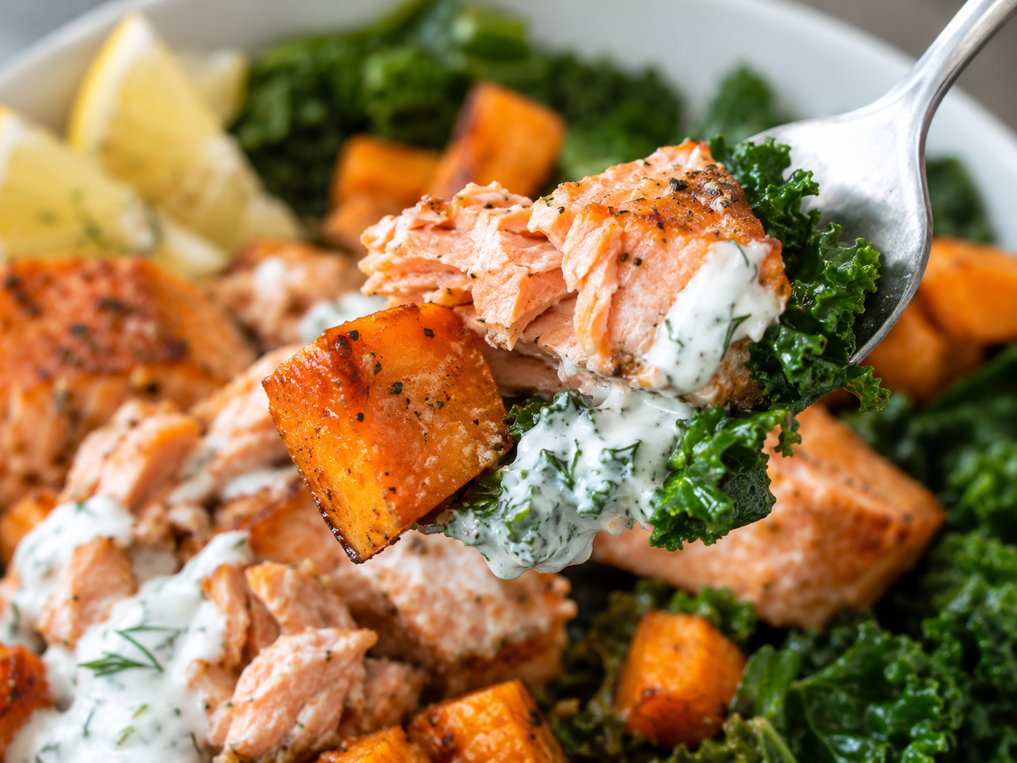 Salmon Sweet Potato Dinner Bowls close up