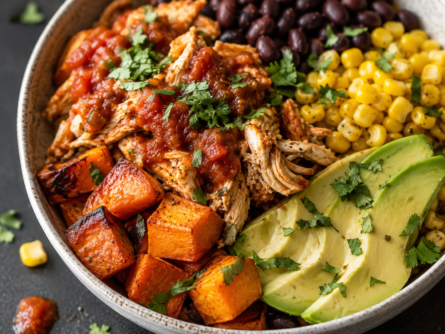 Salsa Chicken Sweet Potato Bowl close up