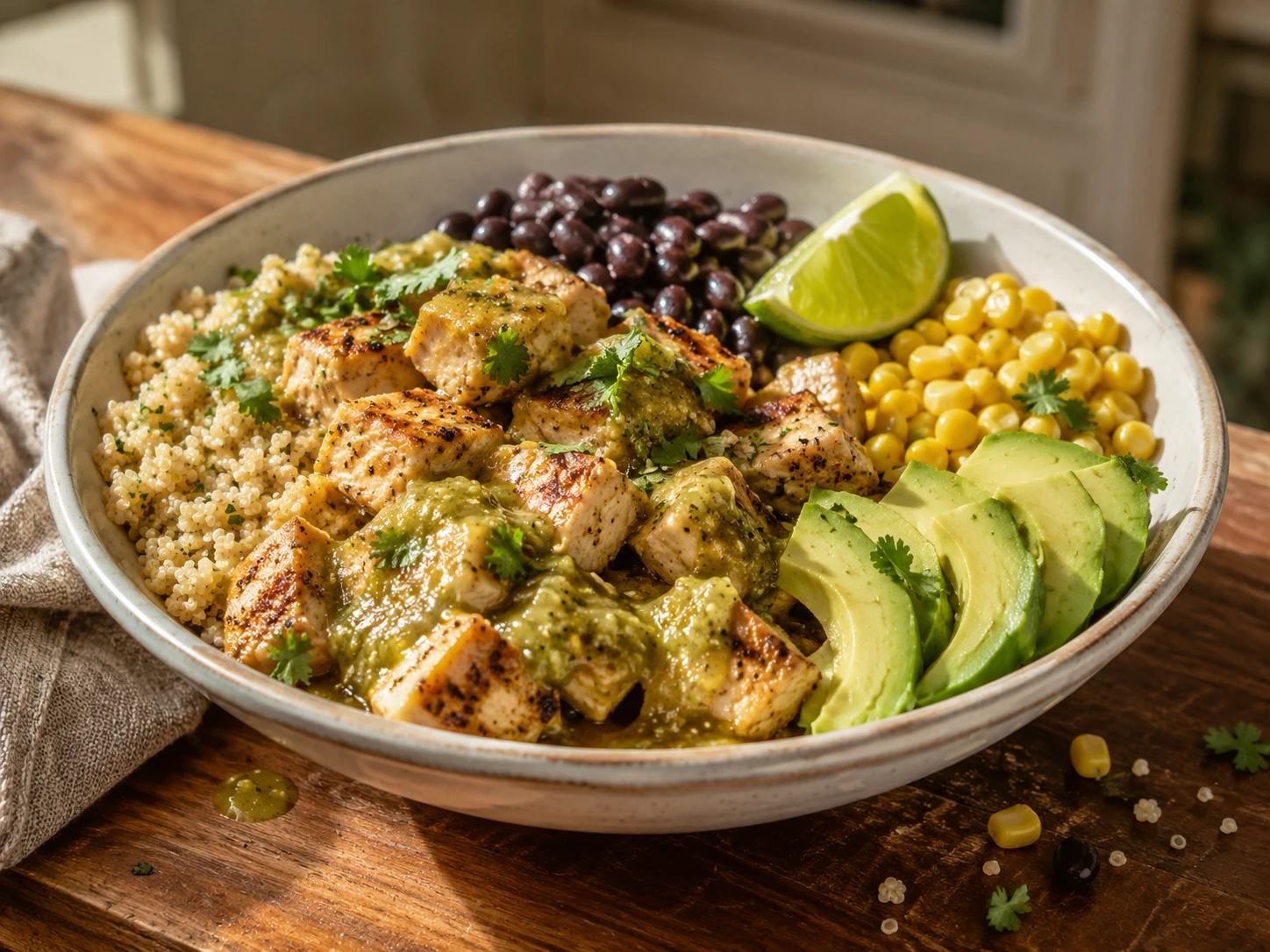 Salsa Verde Chicken Quinoa Bowls aerial view