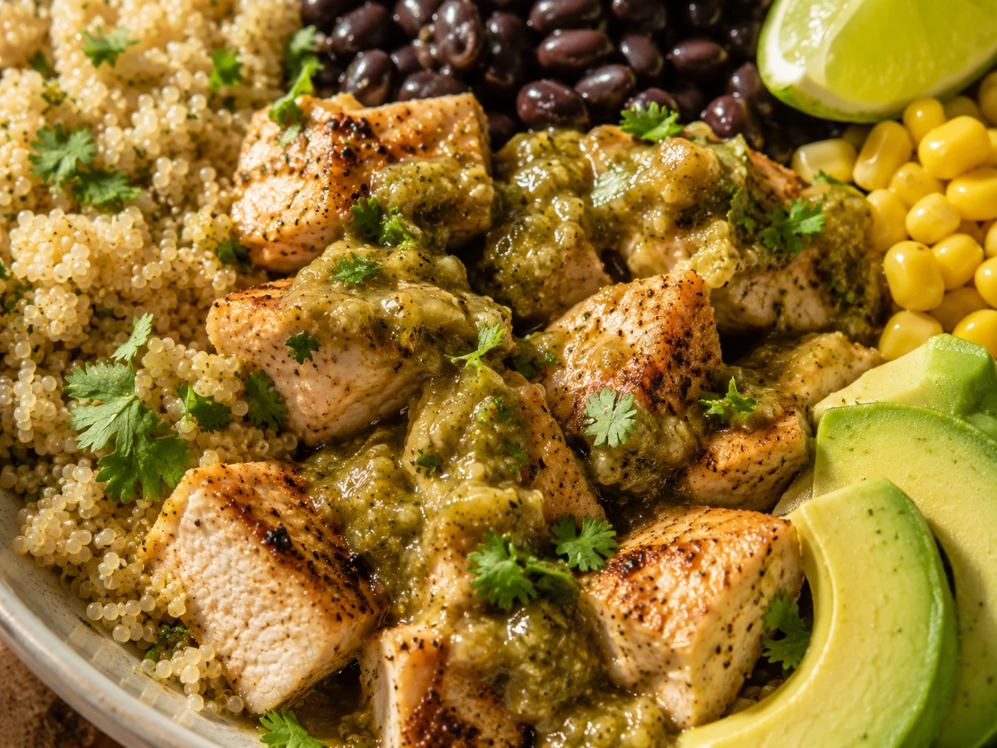 Salsa Verde Chicken Quinoa Bowls close up