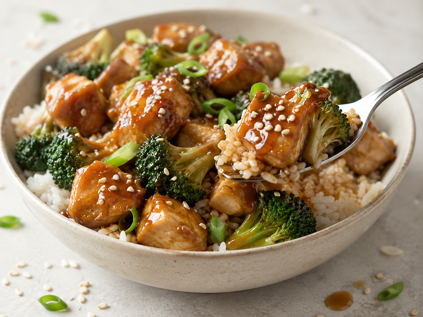 Sesame Chicken Broccoli Rice Bowls close up