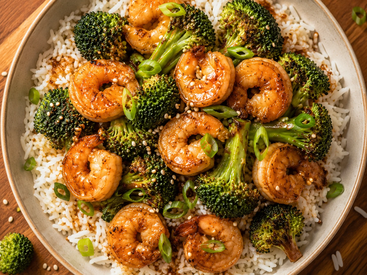 Shrimp and Broccoli Stir Fry Bowls aerial view
