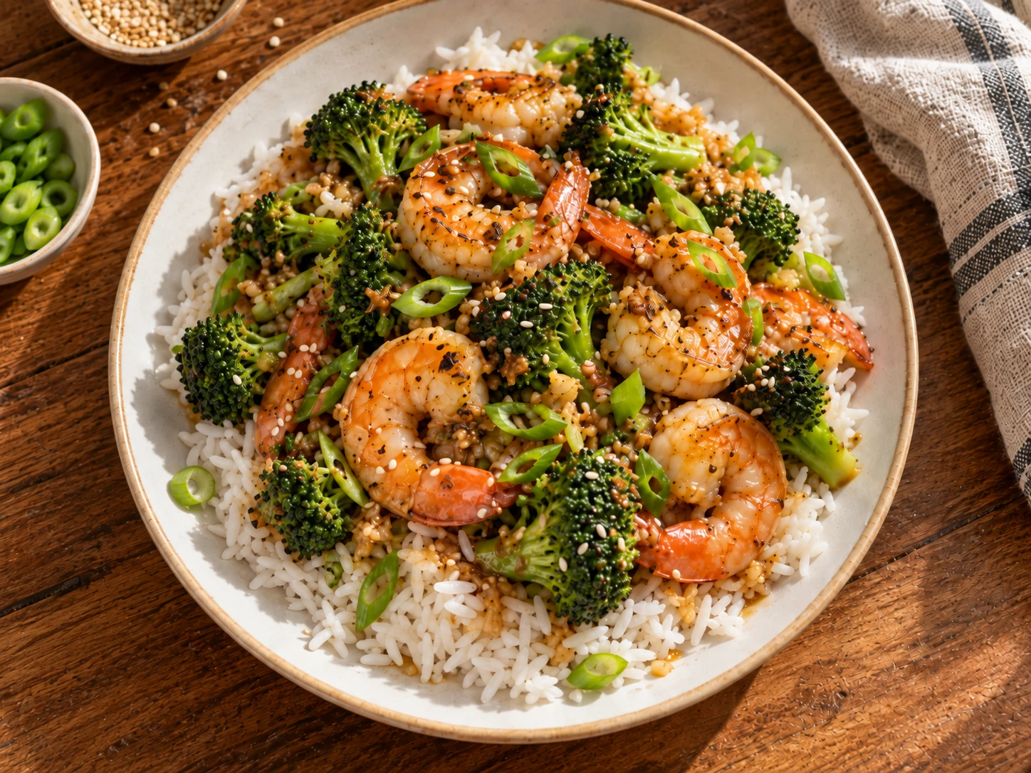 Shrimp and Broccoli Stir Fry Bowls aerial view