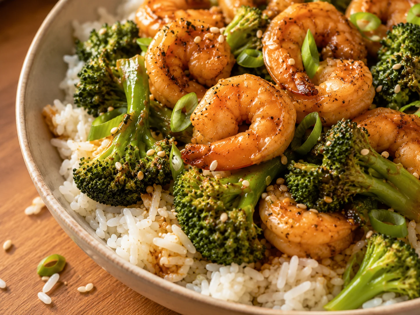 Shrimp and Broccoli Stir Fry Bowls close up