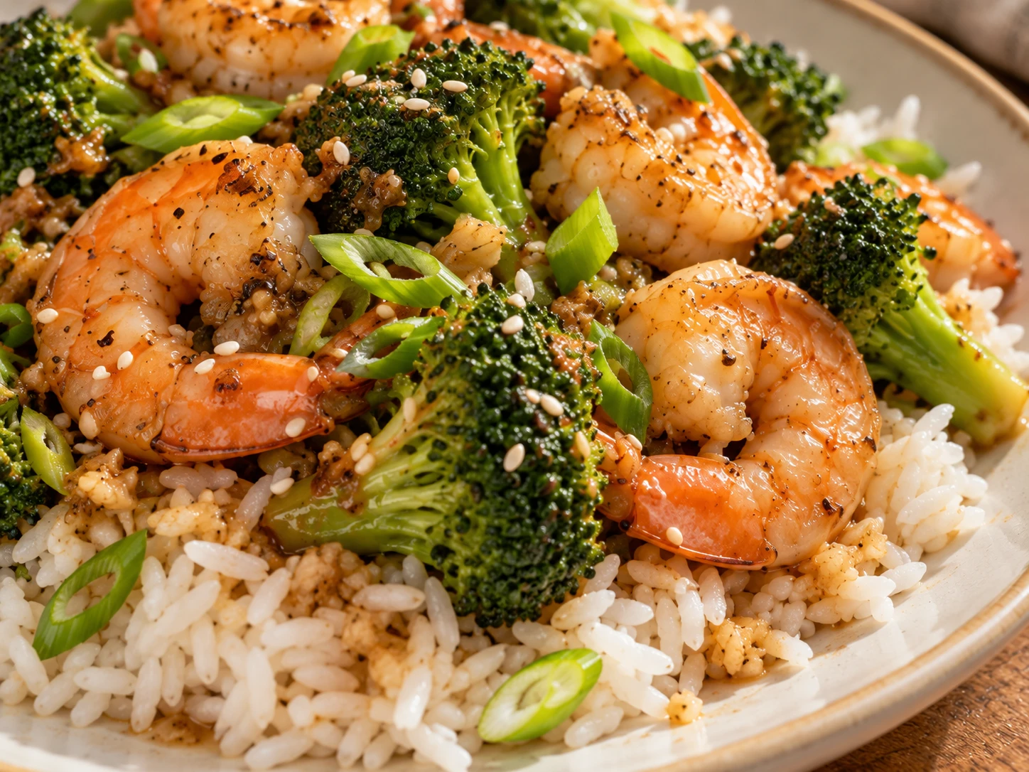 Shrimp and Broccoli Stir Fry Bowls close up