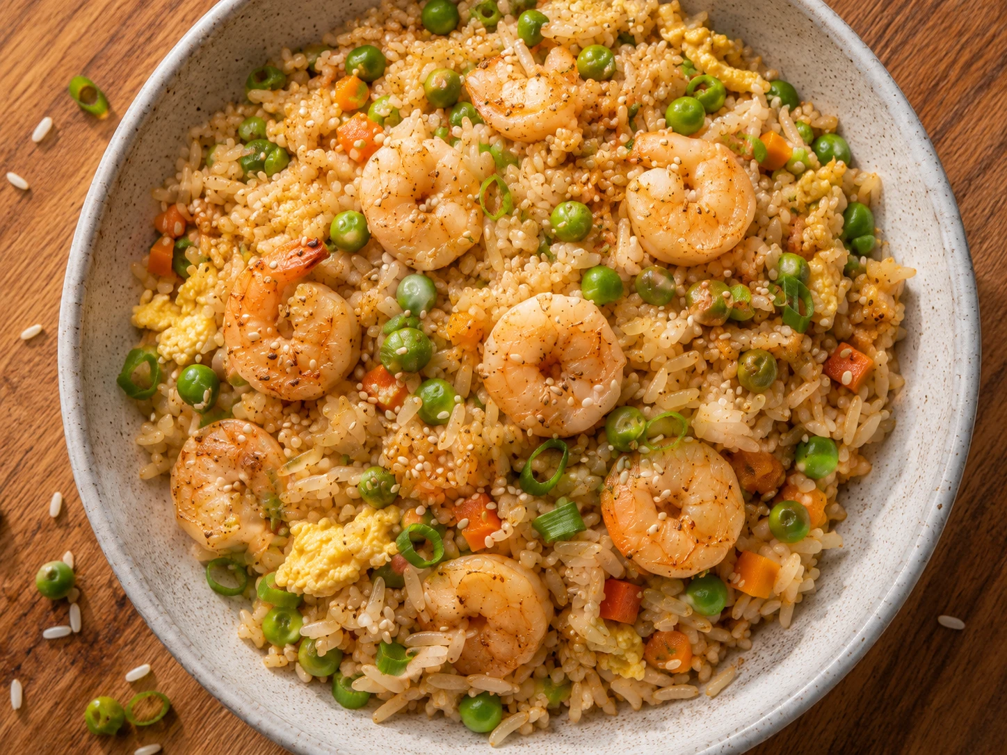 Shrimp and Veggie Fried Rice Bowls aerial view