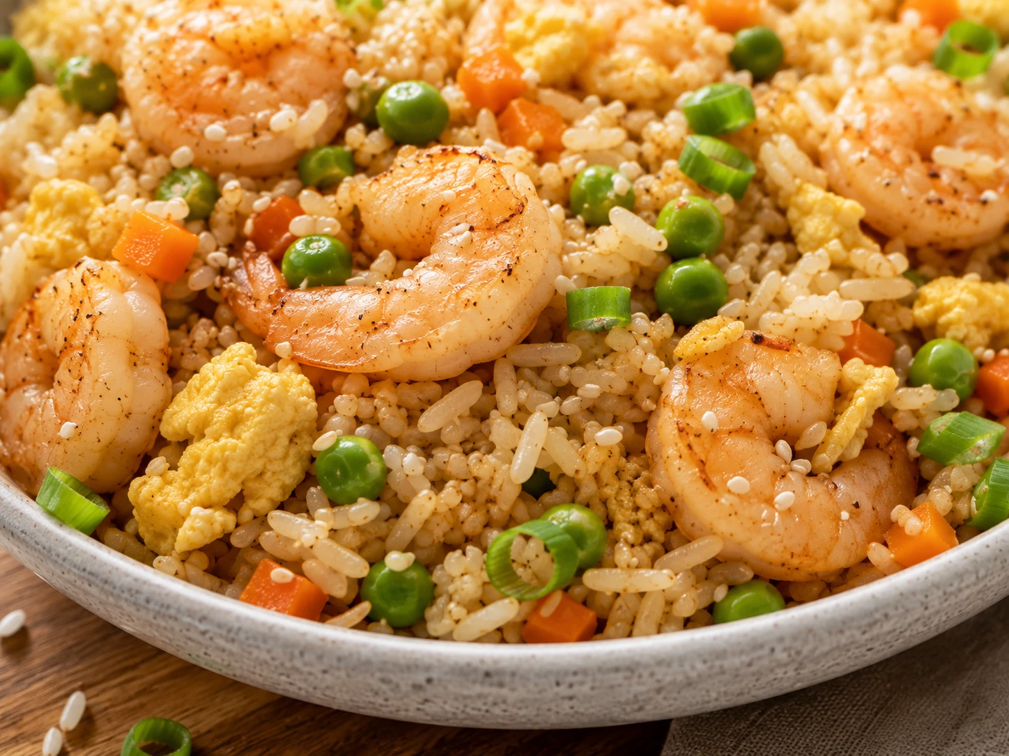 Shrimp and Veggie Fried Rice Bowls close up