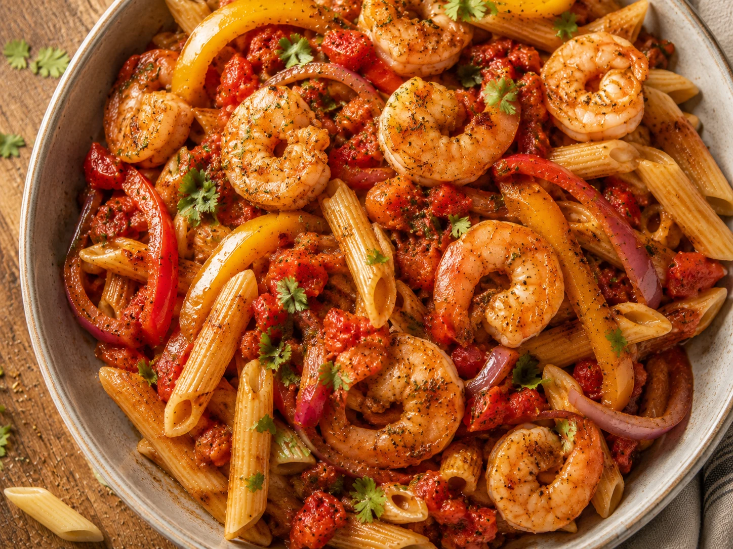 Shrimp Fajita Pasta Bowl aerial view
