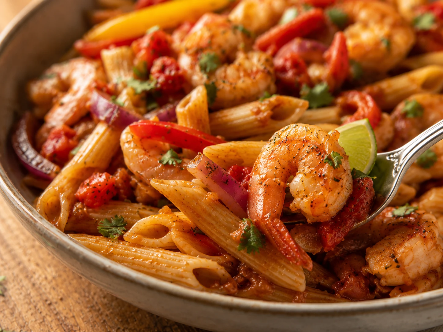 Shrimp Fajita Pasta Bowl close up