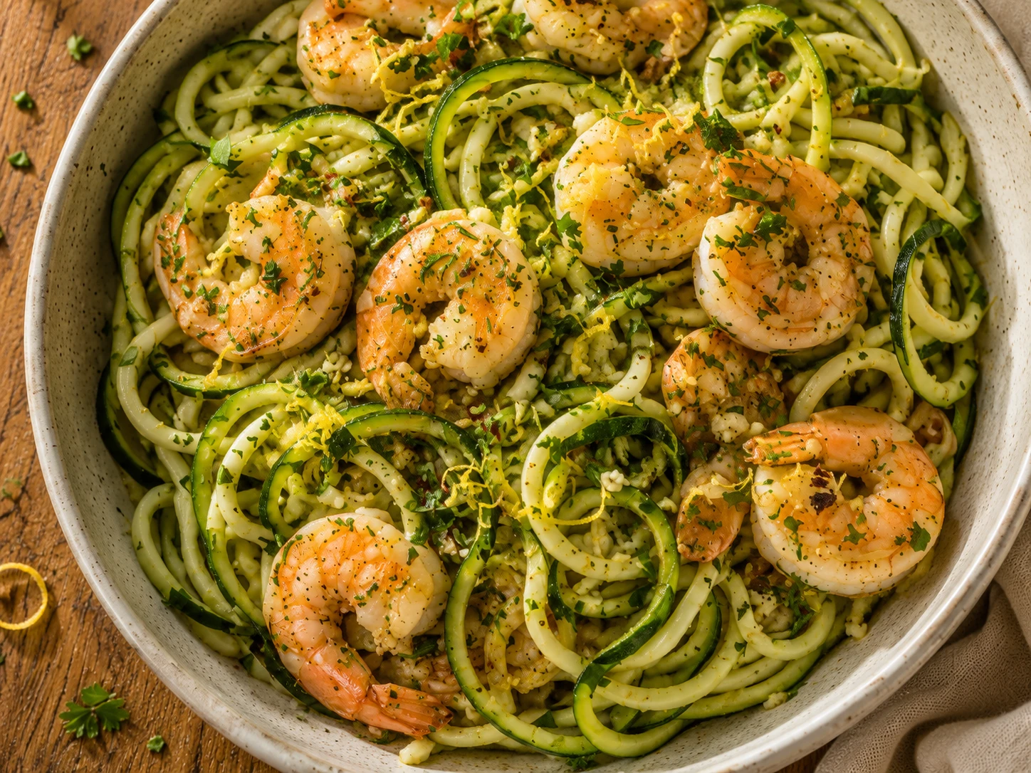 Shrimp Garlic Zucchini Pasta aerial view