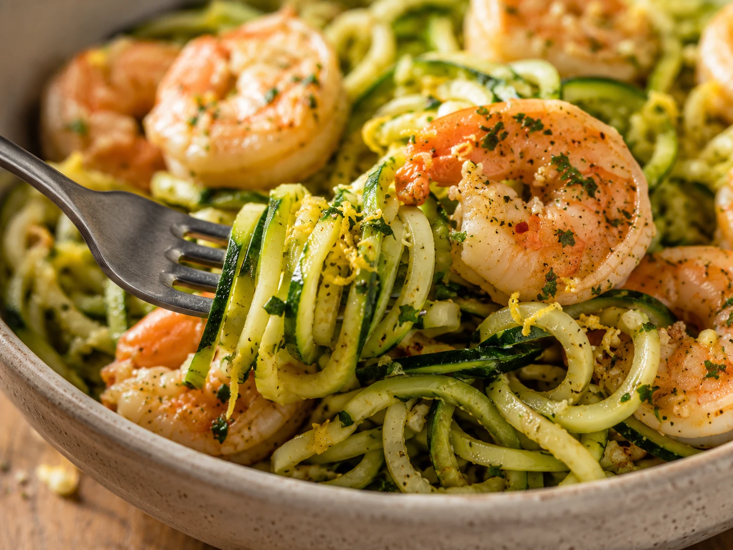 Shrimp Garlic Zucchini Pasta close up