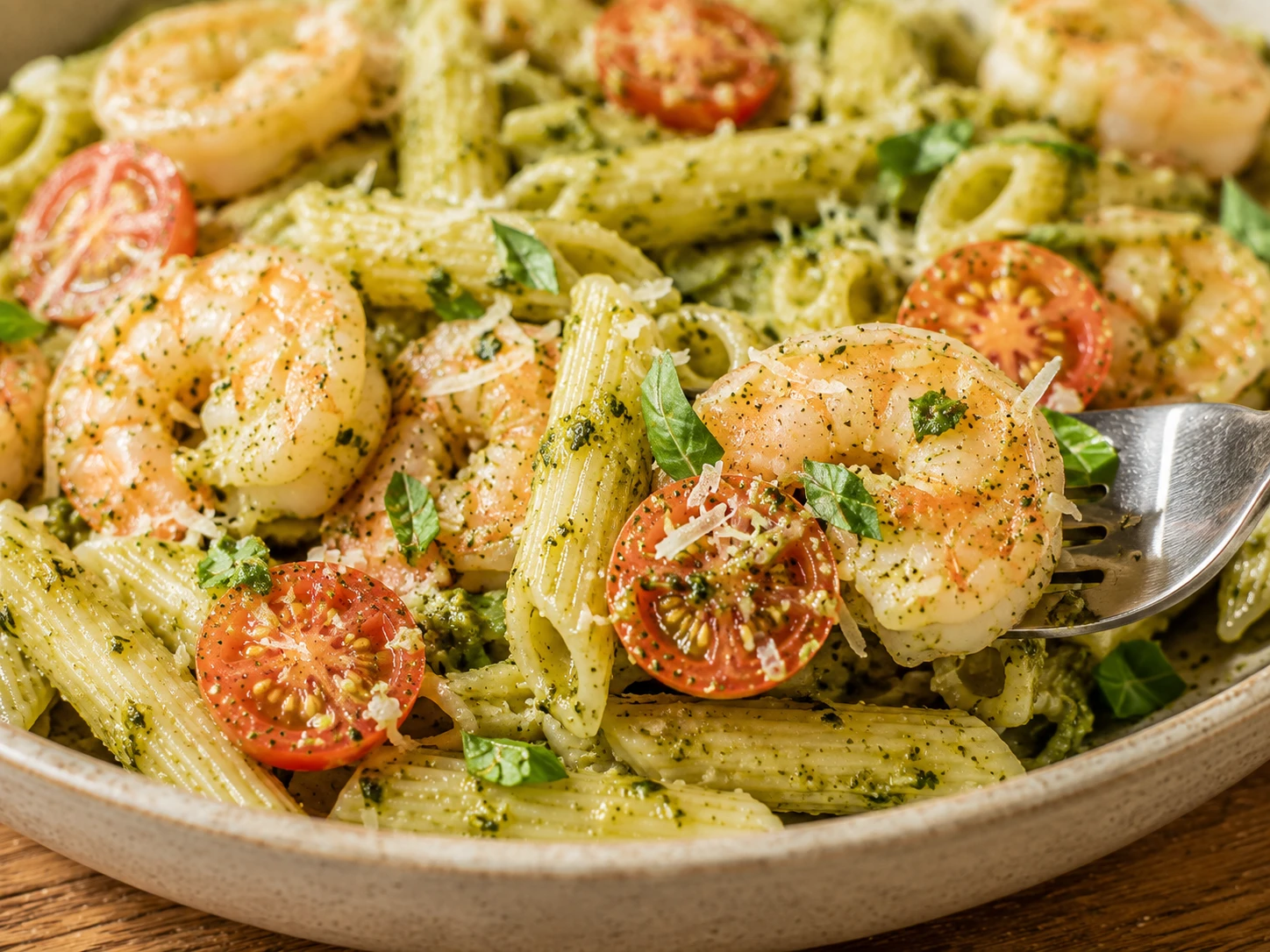 Shrimp Pesto Protein Pasta close up