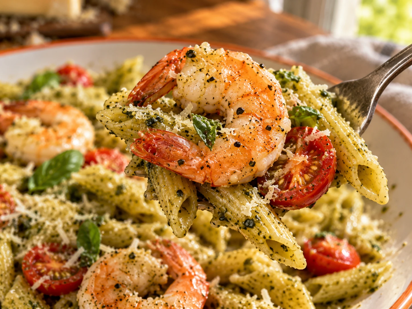 Shrimp Pesto Protein Pasta close up