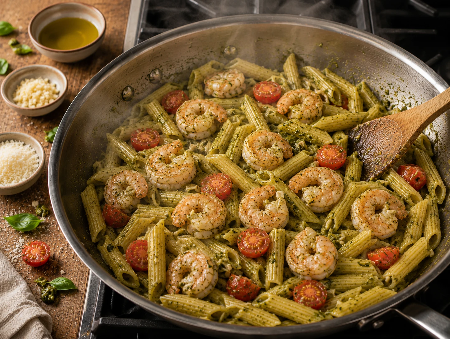 Shrimp Pesto Protein Pasta preparation