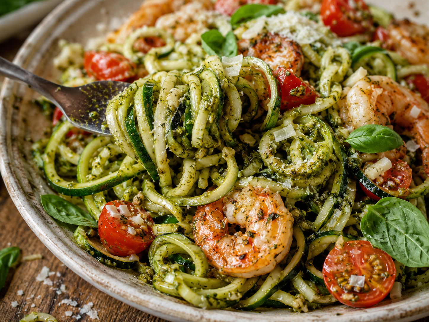 Shrimp Pesto Zucchini Noodles close up
